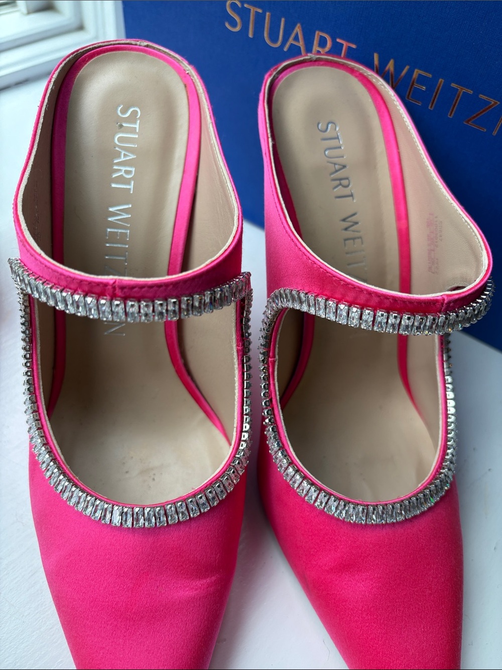 Stuart Weitzman Magenta Curve Satin Crystal-Trim Pointed-Toe Heels - Picture 5 of 13